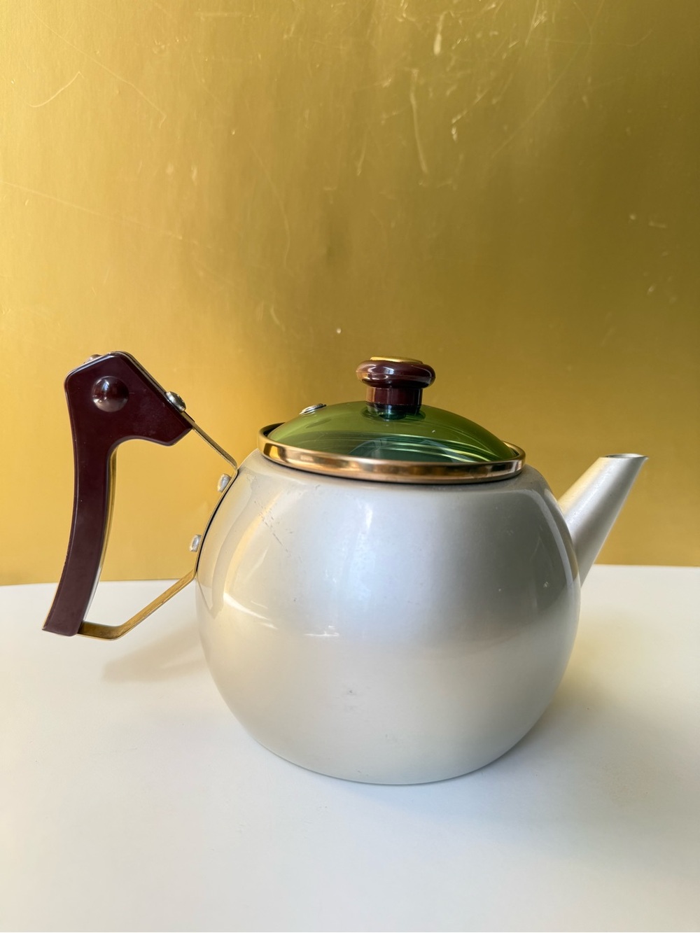 Mid Century Teapot with Green Glass Lid and Brown Bakelite Handle